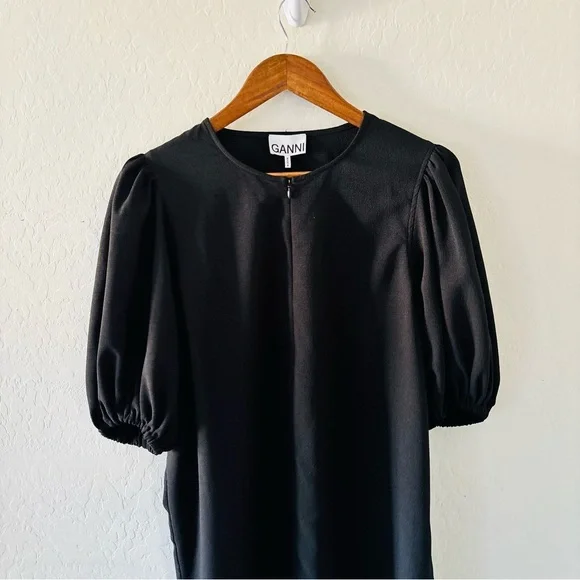 GANNI Black Puff Sleeve Mini Dress Size 42 EU Balloon Sleeve Shift Dress - Picture 2 of 7
